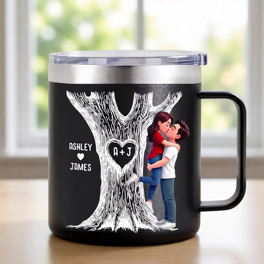 Personalized Stainless Steel Coffee Mug with Kissing Couple & Heart Initials Tree, Unique Romantic Gift for Him or Her