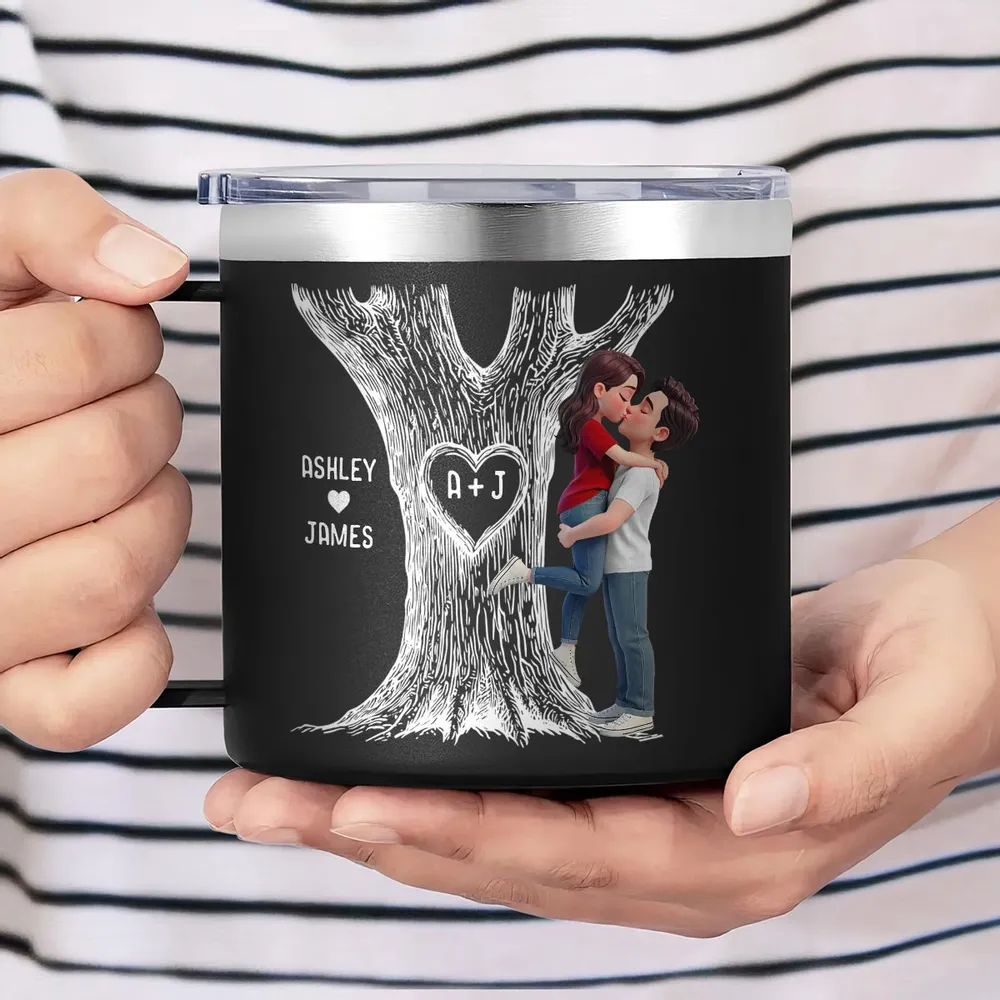 Personalized Stainless Steel Coffee Mug with Kissing Couple & Heart Initials Tree, Unique Romantic Gift for Him or Her - Image 4