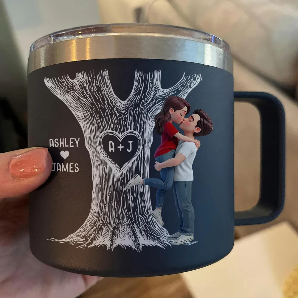 Personalized Stainless Steel Coffee Mug with Kissing Couple & Heart Initials Tree, Unique Romantic Gift for Him or Her - Image 6