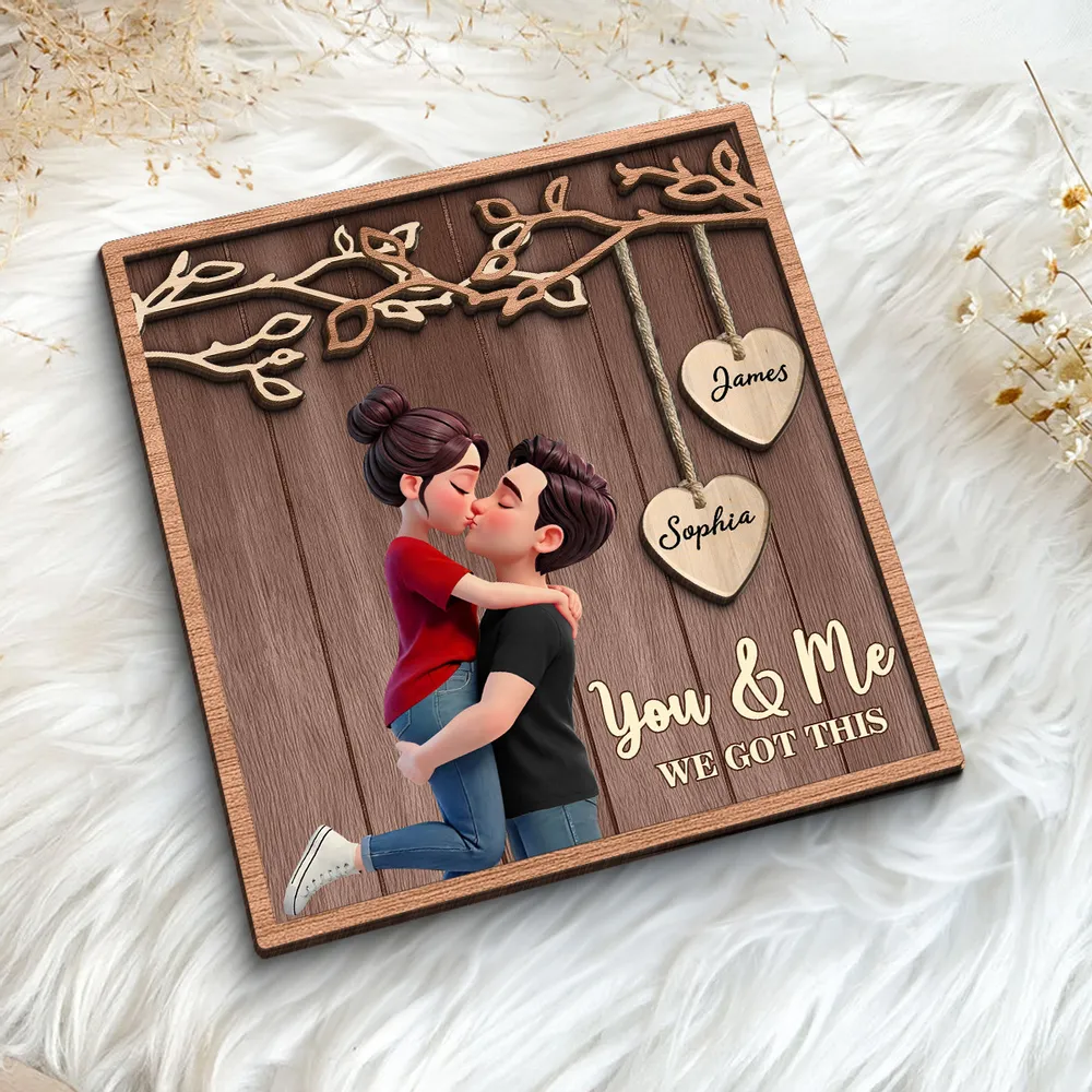 2-Layer Wooden Plaque Personalized for Couples, Romantic Hug and Kiss Under Hanging Hearts, Sweet Keepsake Gift for Him or Her - Image 5