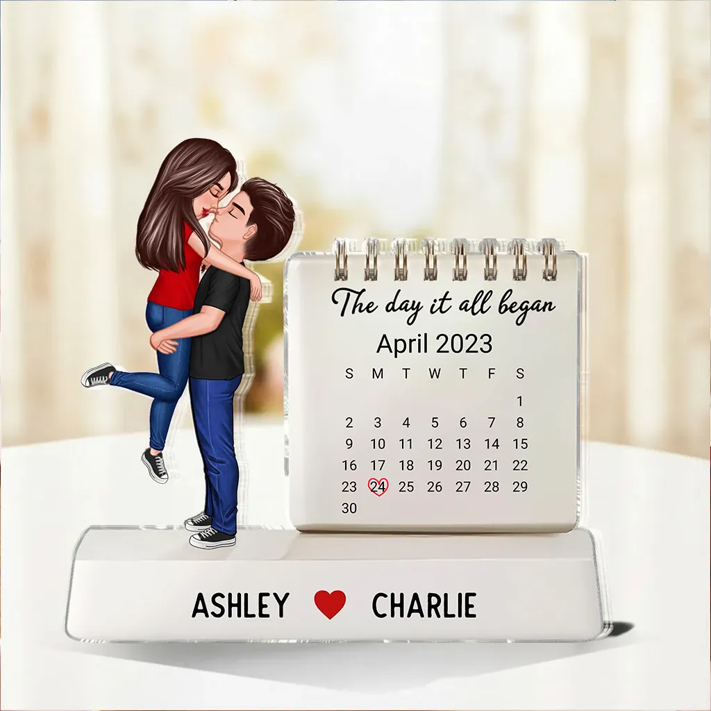Personalized Shaped Acrylic Block Plaque Couple Hugging Kissing Calendar Keepsake, The Day It All Began, Unique Gift for Him or Her - Image 3