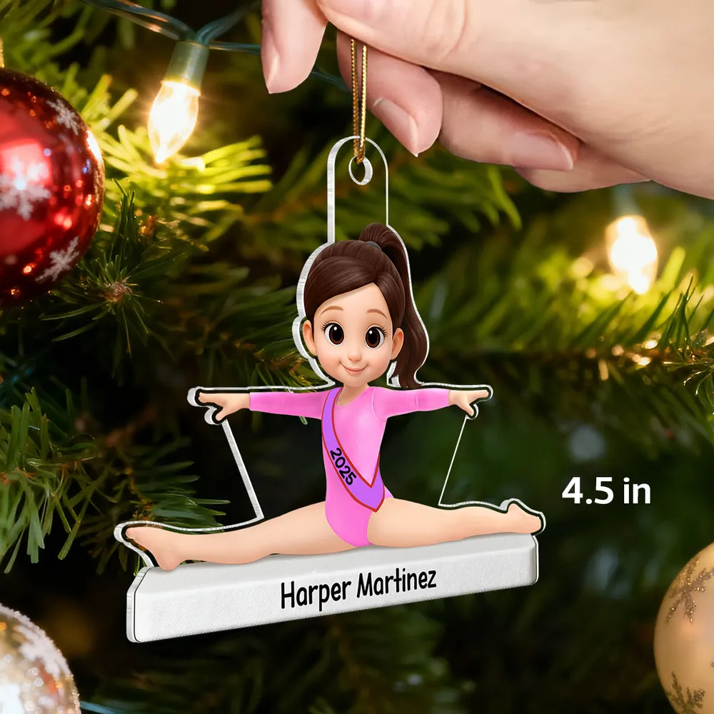 Personalized Acrylic Ornament Cute Cartoon Gymnast in Split Pose, Pink Leotard Keepsake, Unique Gift for Gymnast - Image 2