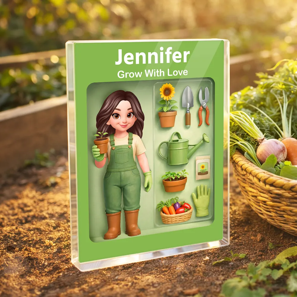Personalized Rectangle Acrylic Block Plaque Garden Lover Desk Decor, Cute Cartoon Gardener With Tools, Unique Gift - Image 3