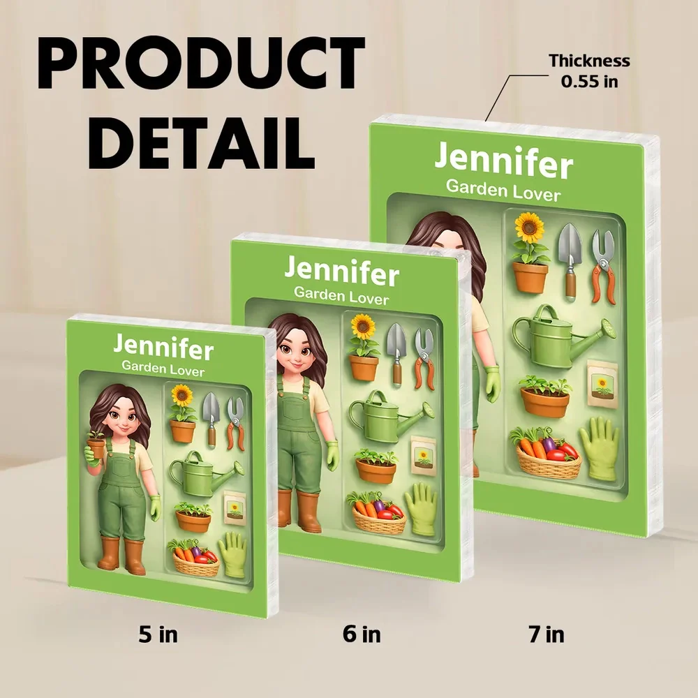 Personalized Rectangle Acrylic Block Plaque Garden Lover Desk Decor, Cute Cartoon Gardener With Tools, Unique Gift - Image 4