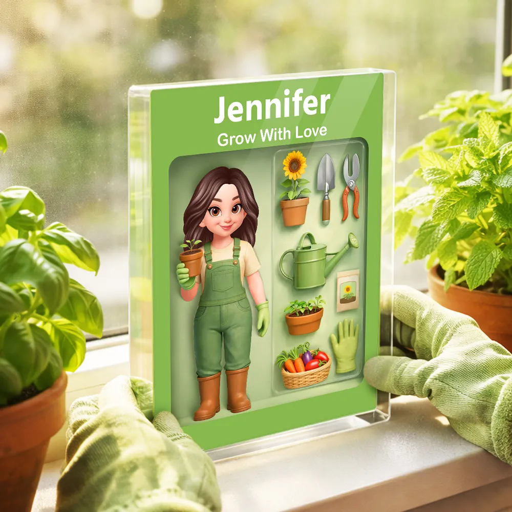 Personalized Rectangle Acrylic Block Plaque Garden Lover Desk Decor, Cute Cartoon Gardener With Tools, Unique Gift - Image 6