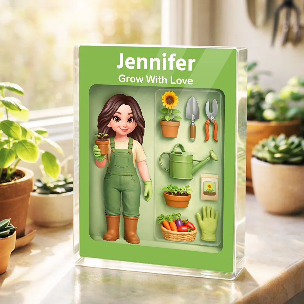 Personalized Rectangle Acrylic Block Plaque Garden Lover Desk Decor, Cute Cartoon Gardener With Tools, Unique Gift - Image 7