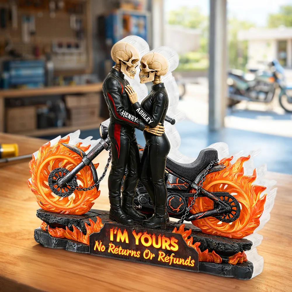 Personalized Shaped Acrylic Block Plaque Skeleton Biker Couple Hugging on Flame Motorcycle, Funny Romantic Gift for Couple - Image 3