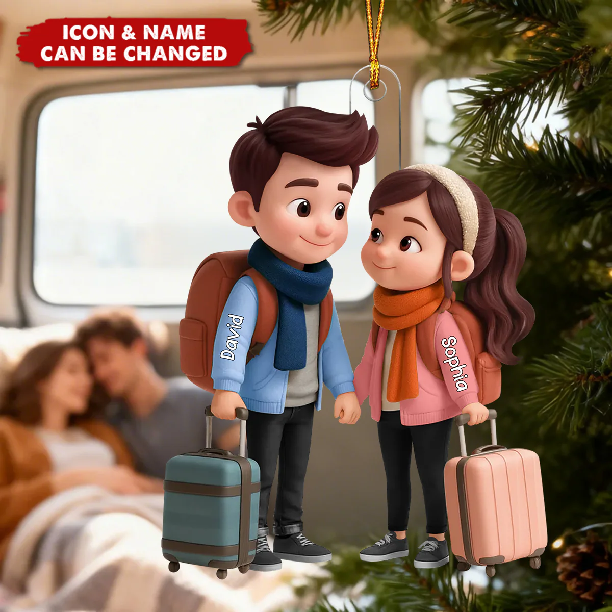 Personalized Acrylic Ornament Travel Couple with Suitcases and Backpacks Unique Gift for Adventure Lovers Cute Display Keepsake - Image 3