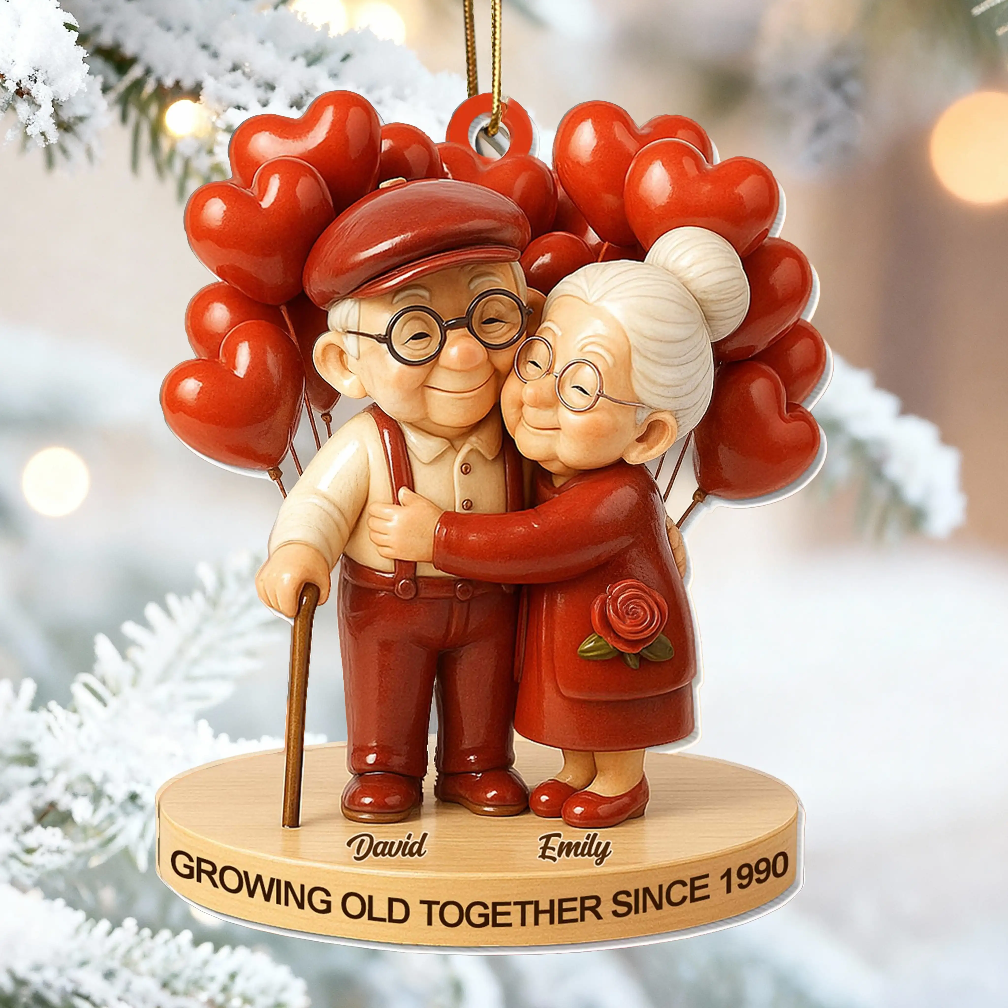 Personalized Acrylic Ornament Cute Elderly Couple Hugging With Heart Balloons Holiday Decor Unique Gift For Couples