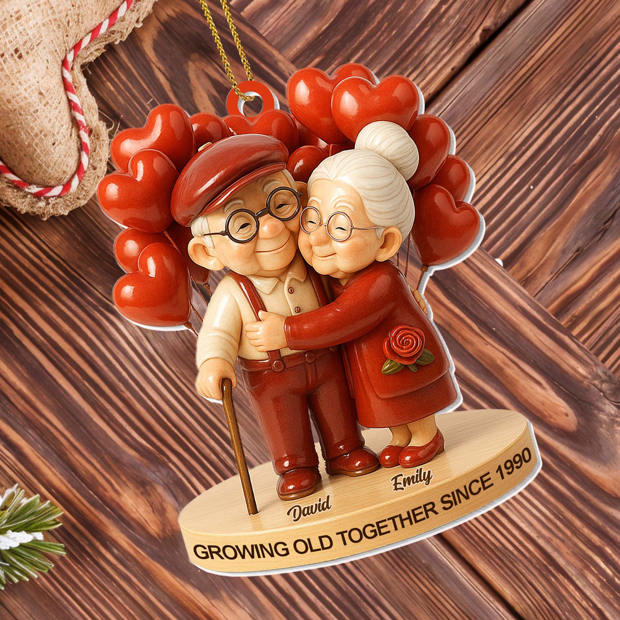 Personalized Acrylic Ornament Cute Elderly Couple Hugging With Heart Balloons Holiday Decor Unique Gift For Couples - Image 2