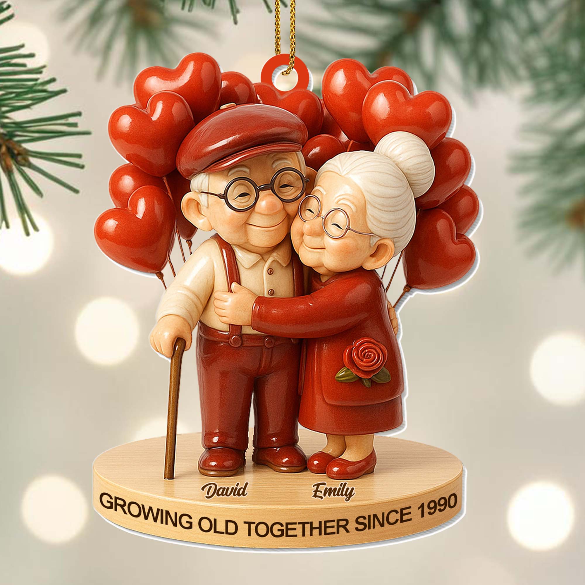 Personalized Acrylic Ornament Cute Elderly Couple Hugging With Heart Balloons Holiday Decor Unique Gift For Couples - Image 3