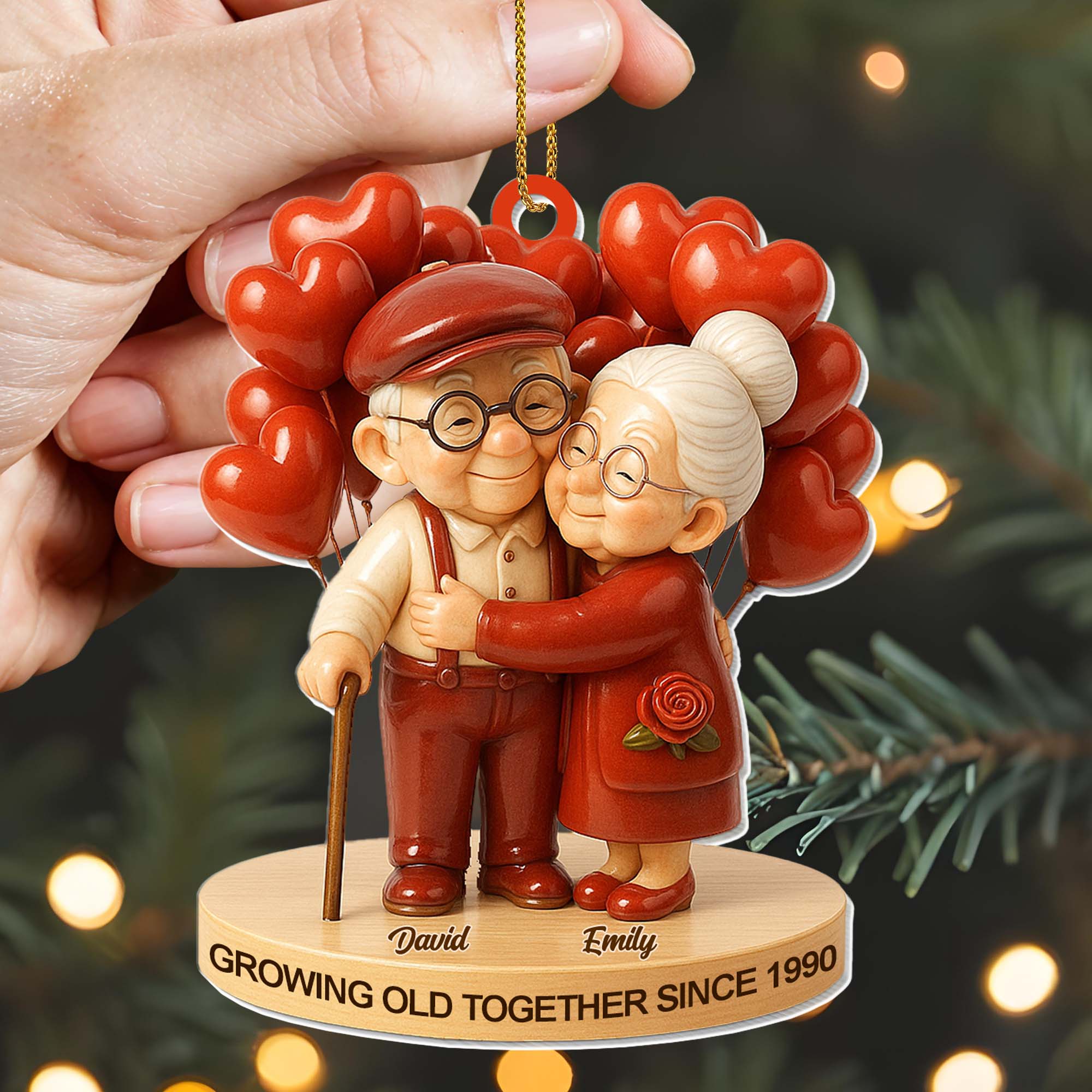 Personalized Acrylic Ornament Cute Elderly Couple Hugging With Heart Balloons Holiday Decor Unique Gift For Couples - Image 5