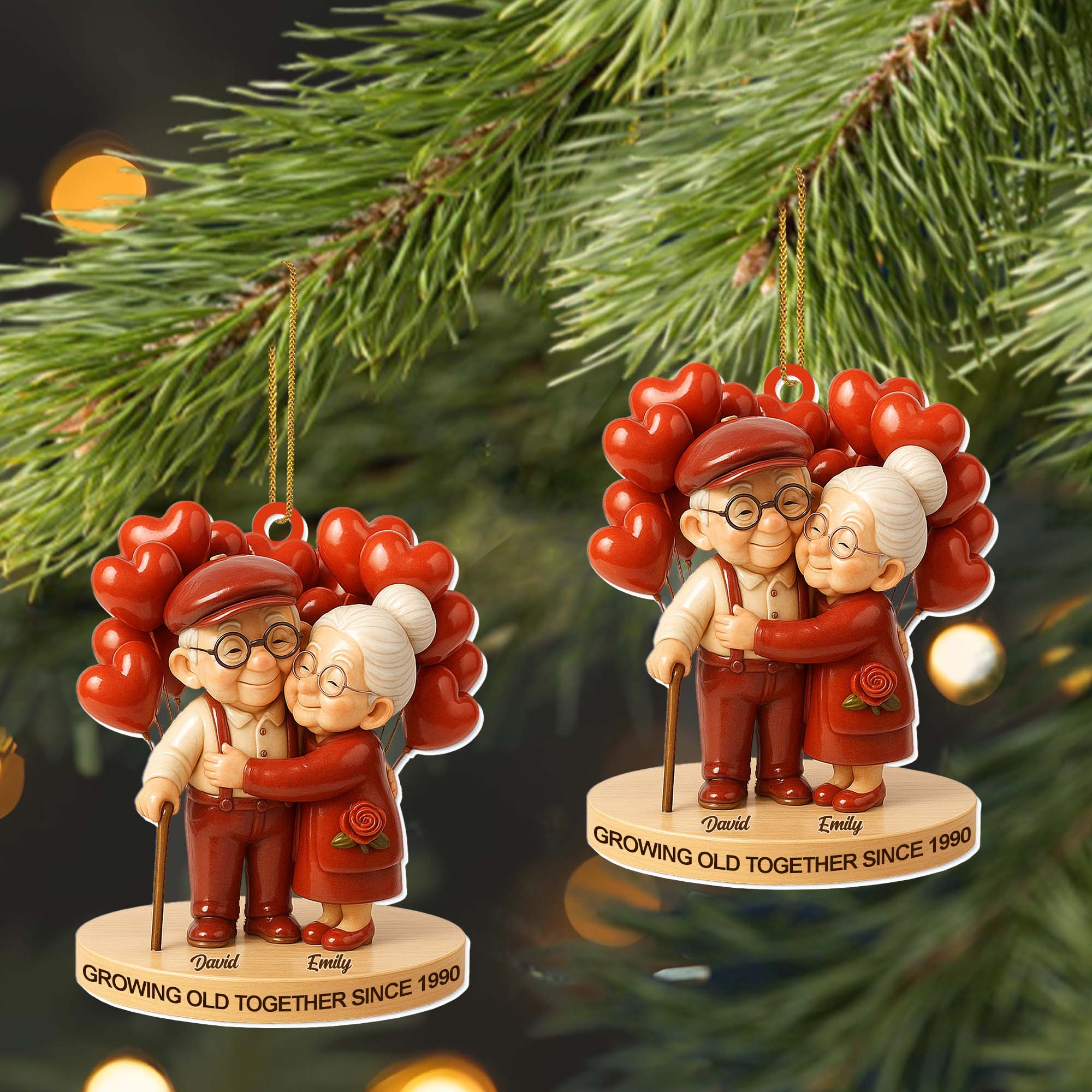 Personalized Acrylic Ornament Cute Elderly Couple Hugging With Heart Balloons Holiday Decor Unique Gift For Couples - Image 6