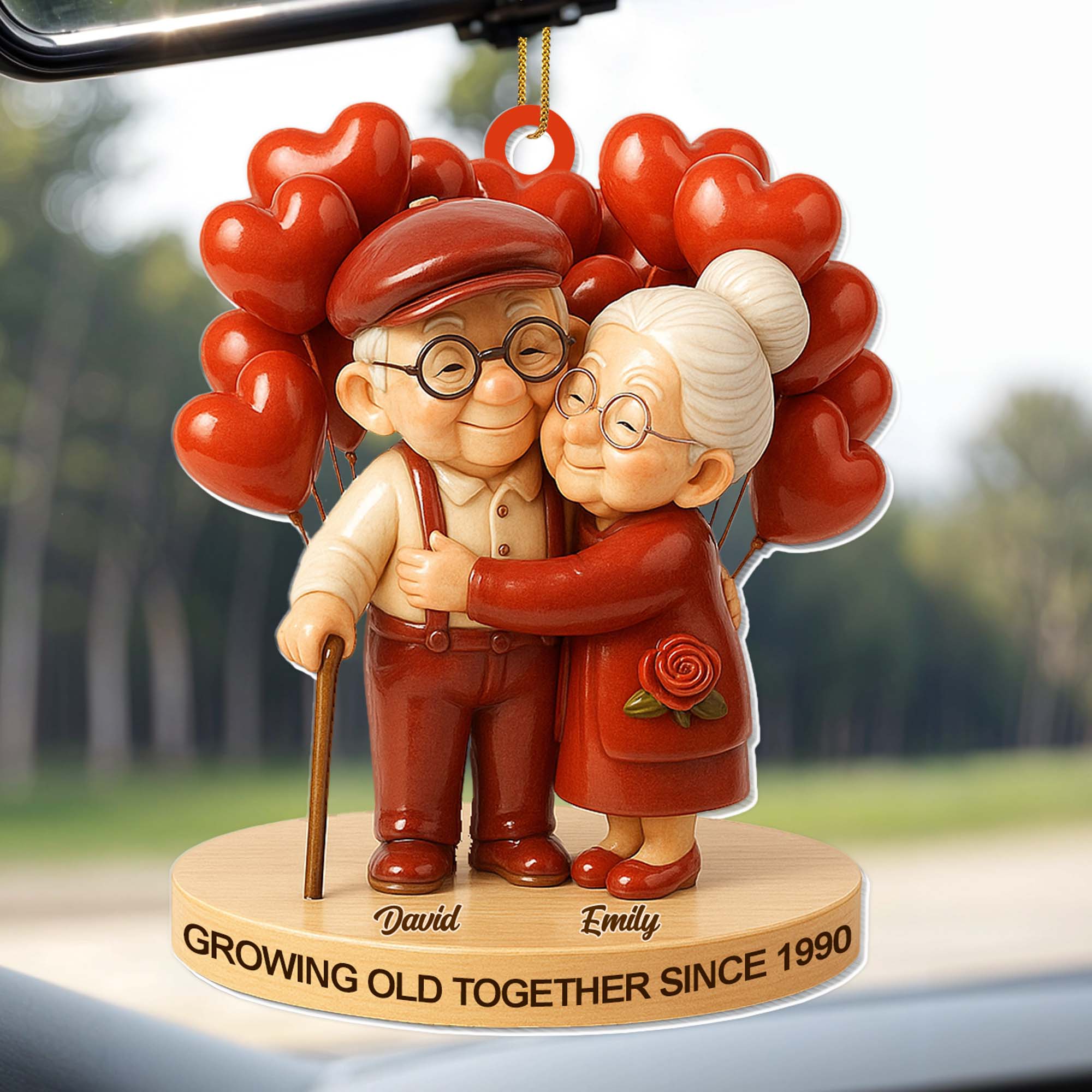 Personalized Acrylic Ornament Cute Elderly Couple Hugging With Heart Balloons Holiday Decor Unique Gift For Couples - Image 7