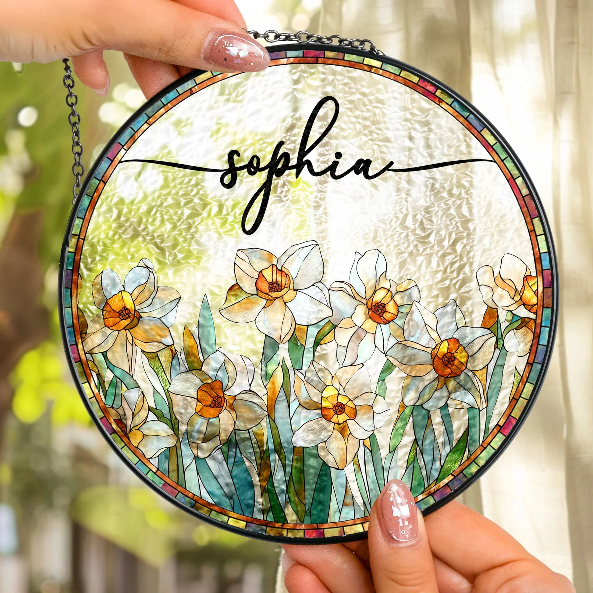 Personalized Birth Flower Glass Suncatcher Ornament for Window Display, Bright Stained Glass Style, Unique Gift for Mom - Image 3