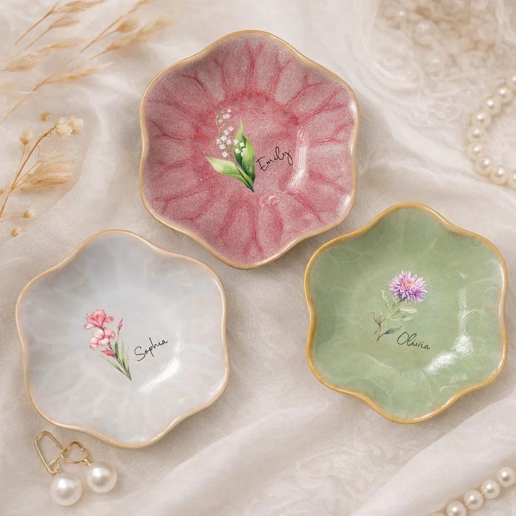Personalized Wavy Ceramic Jewelry Dish with Floral Design for Nightstand Decor, A Unique Creative Gift for Her