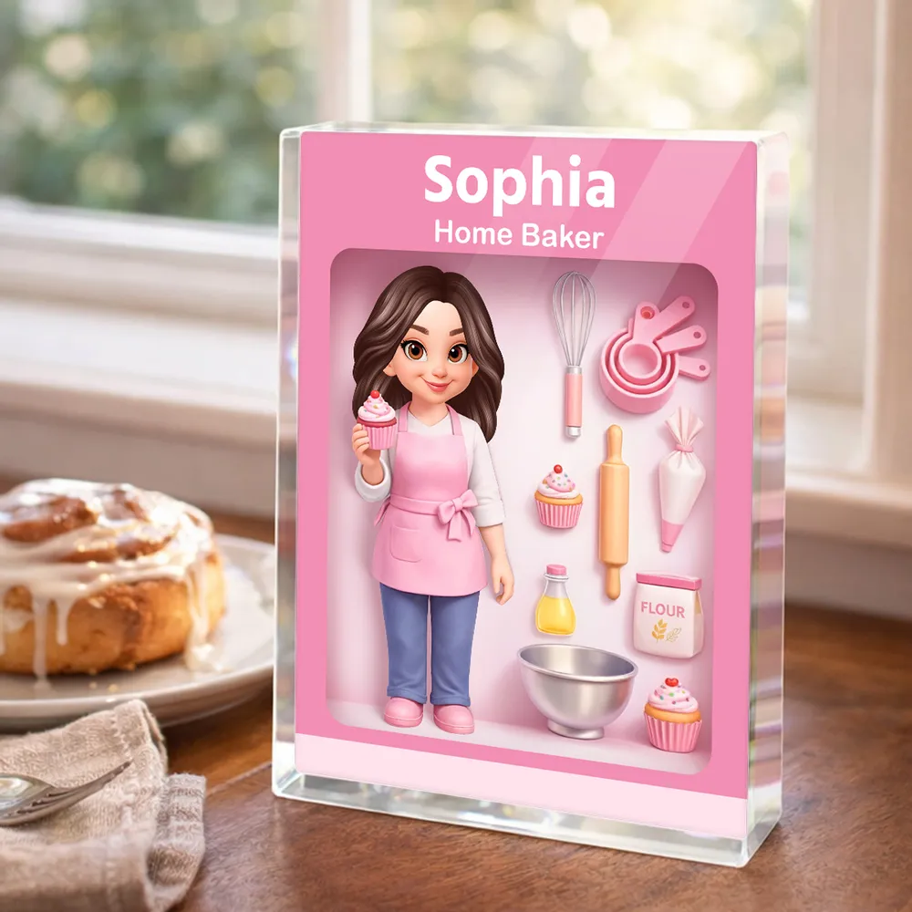 Personalized Home Baker Rectangle Acrylic Block Plaque for Kitchen Desk Decor, Sweet Pink Baking Scene, Unique Gift for Bakers - Image 2