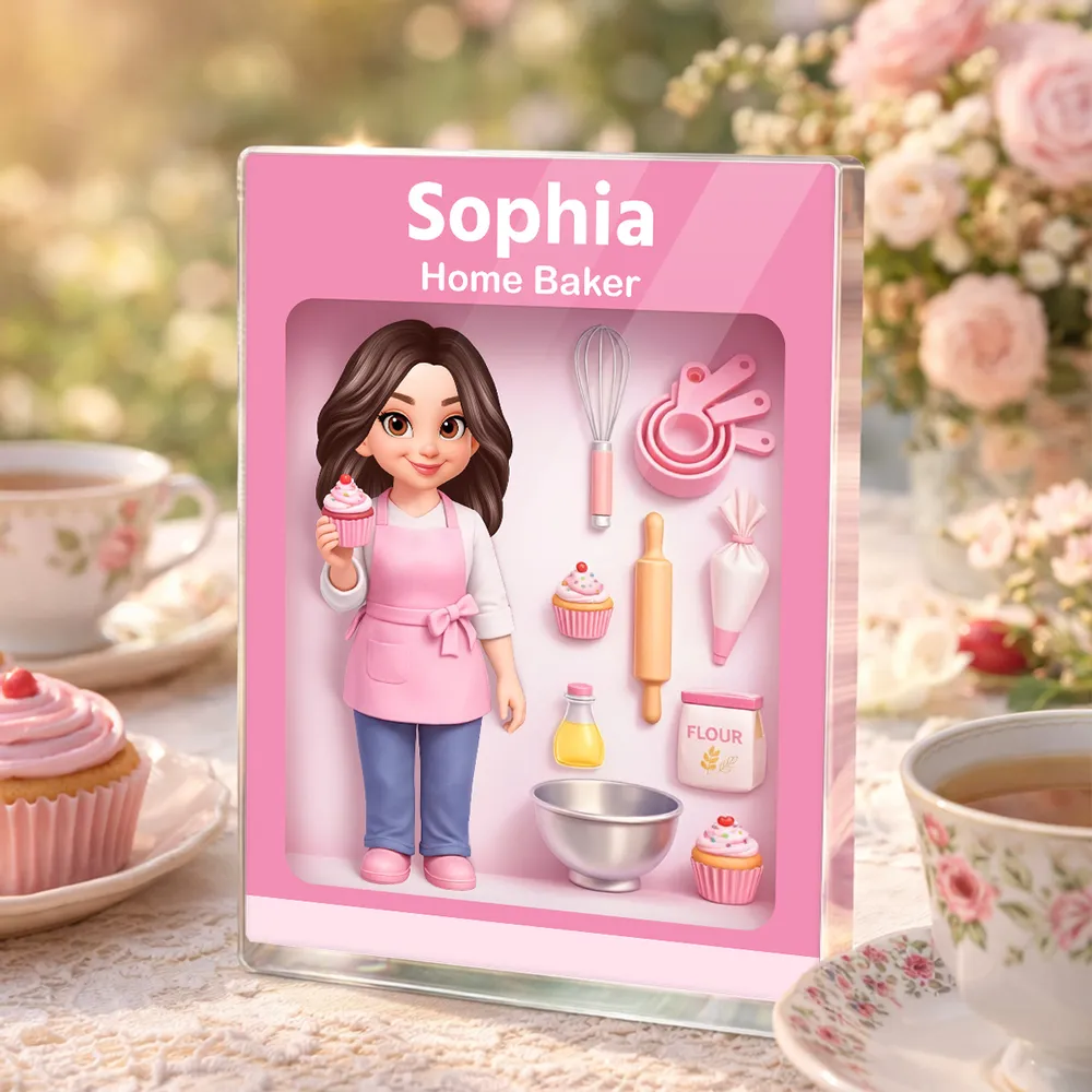 Personalized Home Baker Rectangle Acrylic Block Plaque for Kitchen Desk Decor, Sweet Pink Baking Scene, Unique Gift for Bakers - Image 3