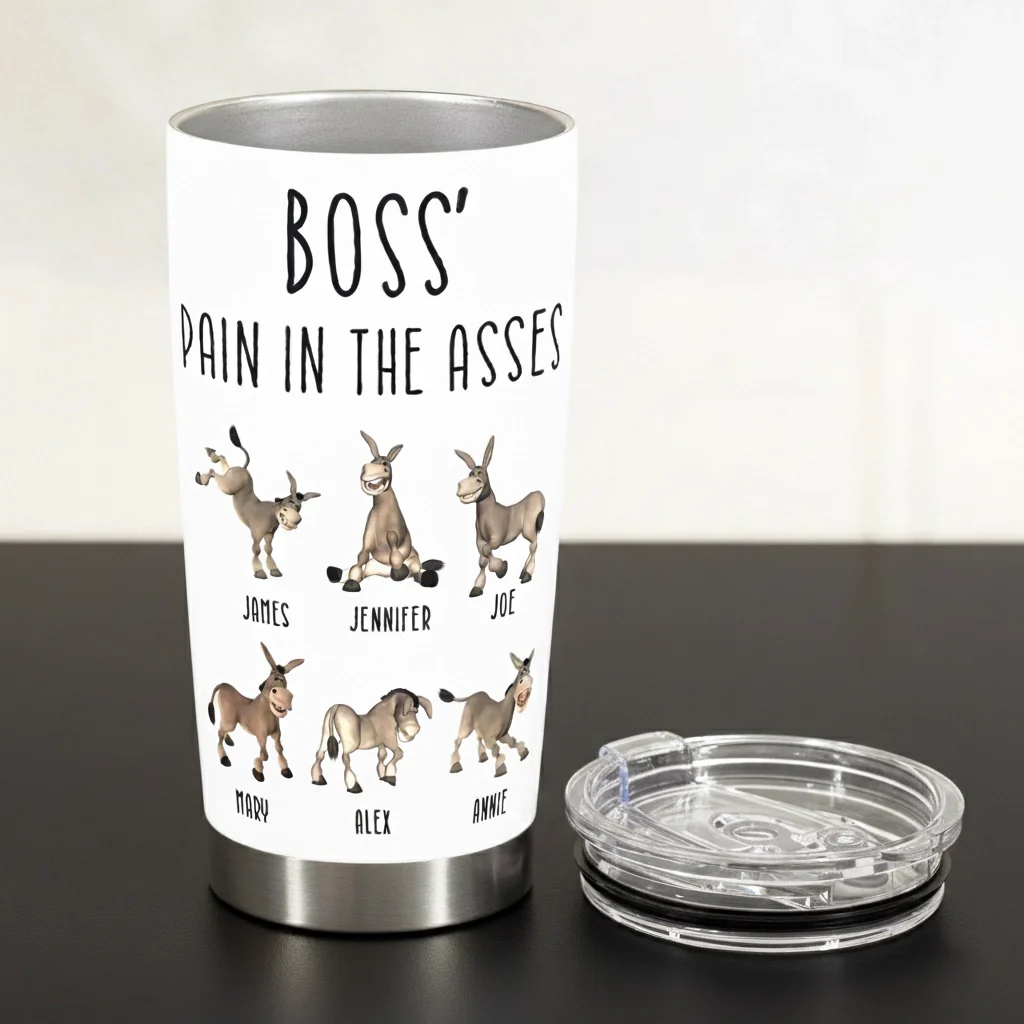 Personalized Insulated Travel Tumbler with Funny Donkey Cartoon Crew, Office Gift for Boss, Sleek Everyday Laugh - Image 3