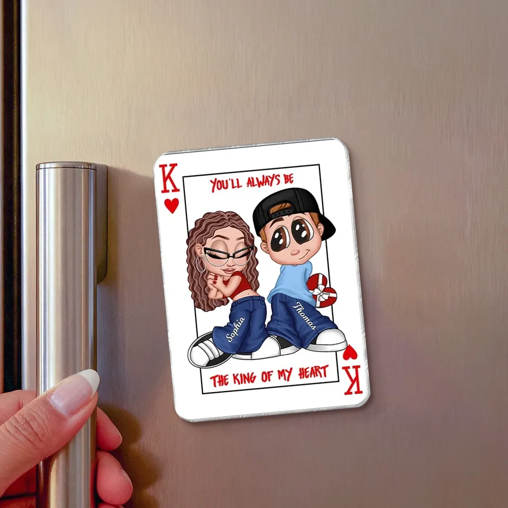 You're King Or Queen Of My Heart Acrylic Fridge Magnet, Y2K Cartoon Couple Playing Card Art, Unique Gift For Him Or Her