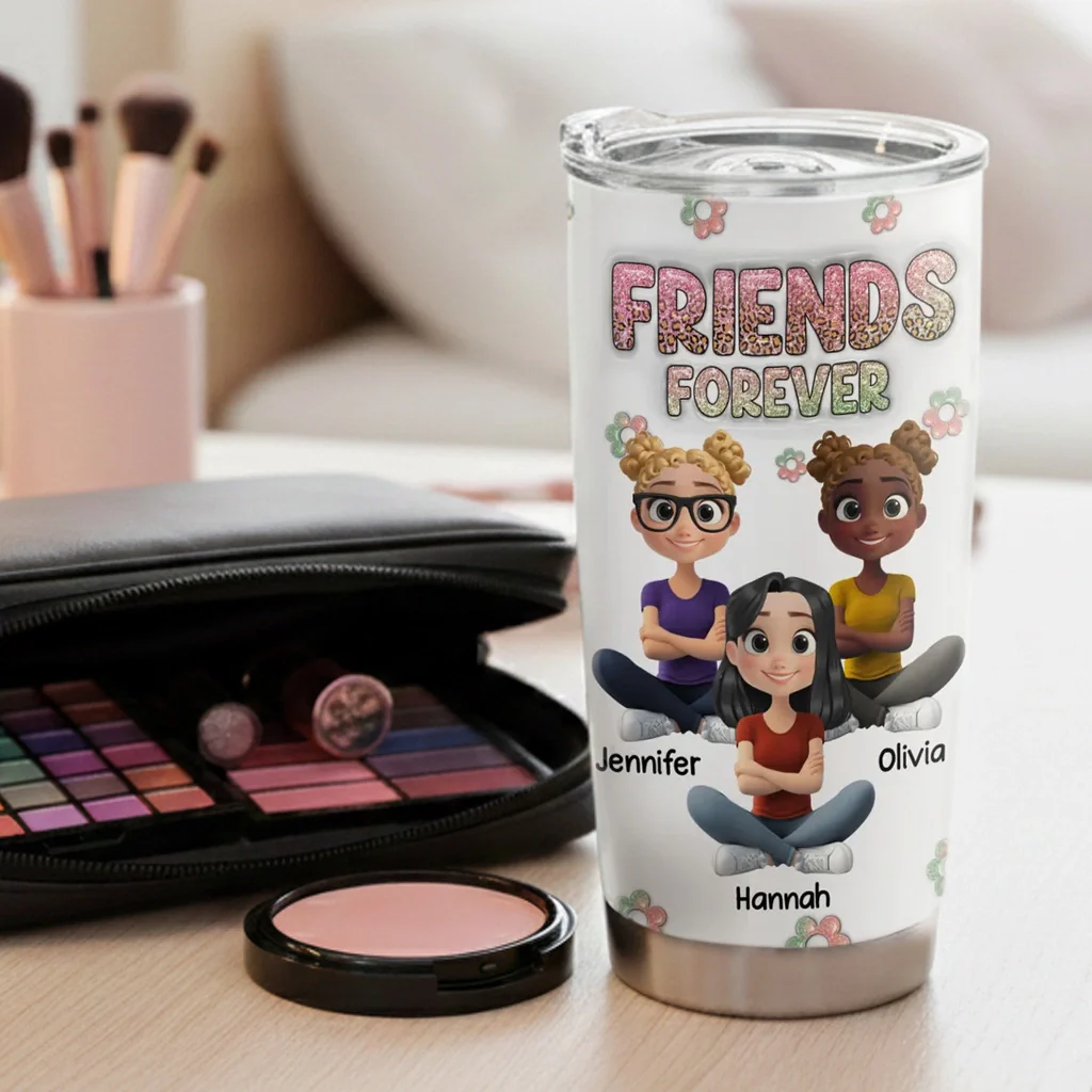 Personalized Insulated Travel Tumbler with Sisters Forever Cartoon Girls, Sparkly Pastel Gift for Sister - Image 3