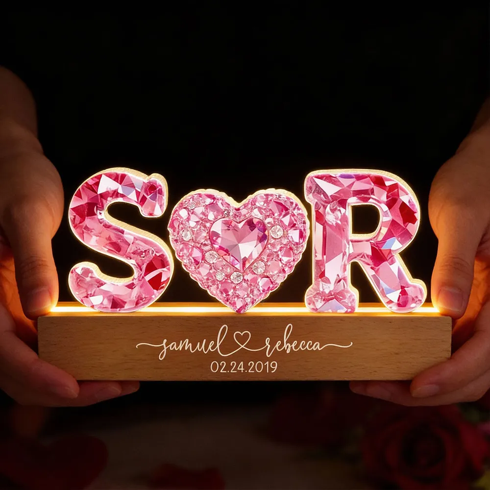 Personalized Shaped Acrylic Block LED Plaque With Initials & Heart, Romantic Nightstand Decor, Unique Gift for Couples - Image 2