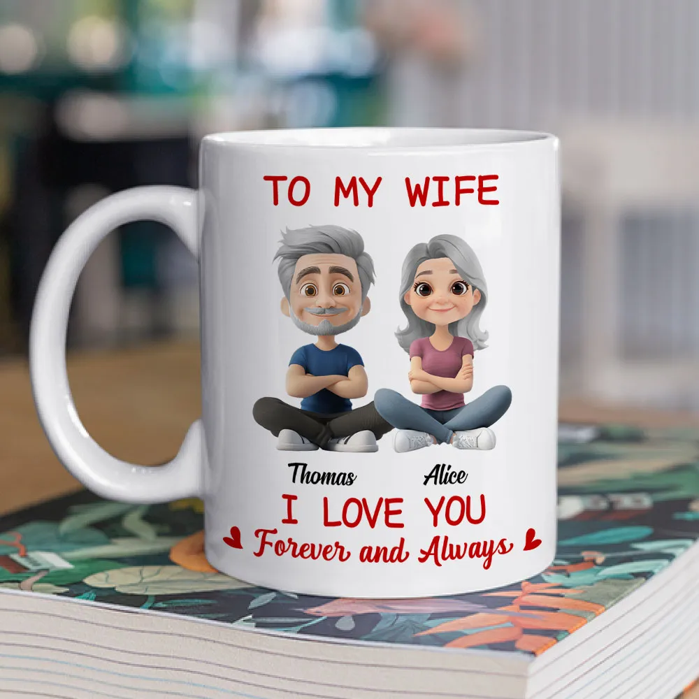 Personalized White Ceramic Mug for Wife, Cute Cartoon Couple Sitting, I Love You Forever and Always Unique Gift - Image 3