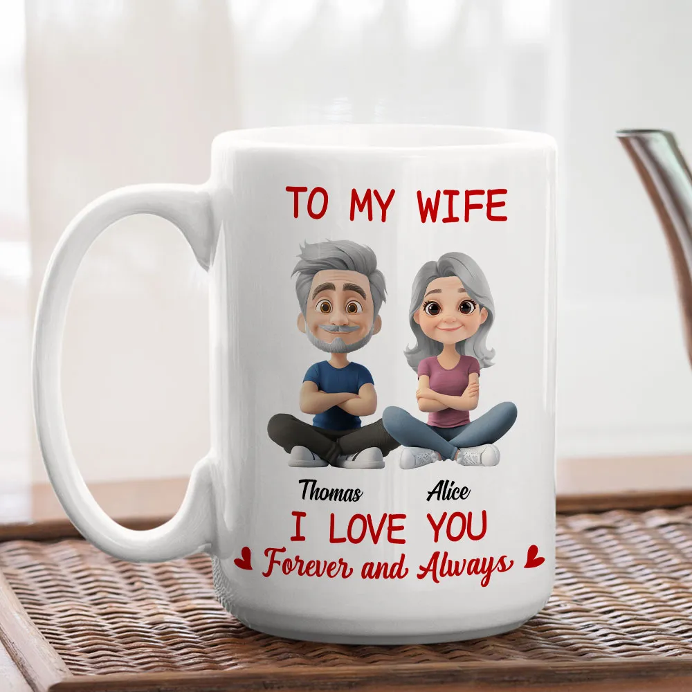 Personalized White Ceramic Mug for Wife, Cute Cartoon Couple Sitting, I Love You Forever and Always Unique Gift - Image 4