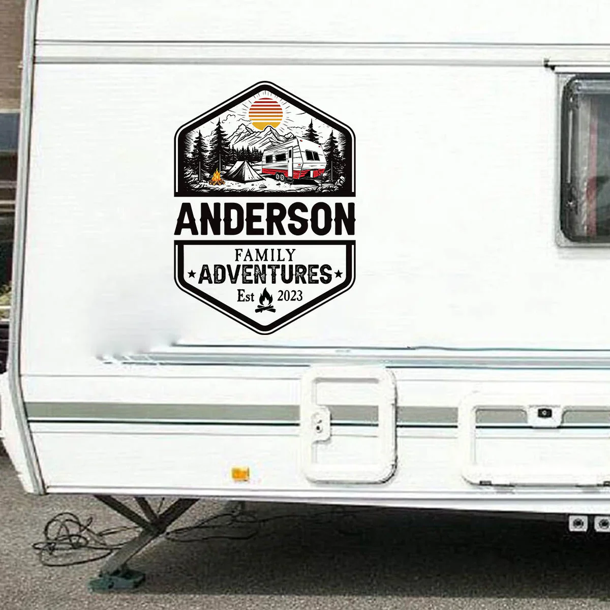 Personalized Sticker Decal for RV Camper Family Adventures Badge, Mountain Camping Scene, Unique Gift for Travel Lovers - Image 4