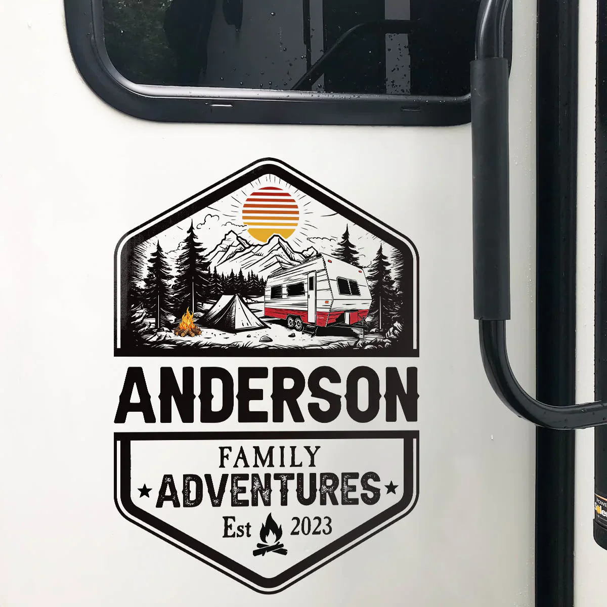 Personalized Sticker Decal for RV Camper Family Adventures Badge, Mountain Camping Scene, Unique Gift for Travel Lovers - Image 6