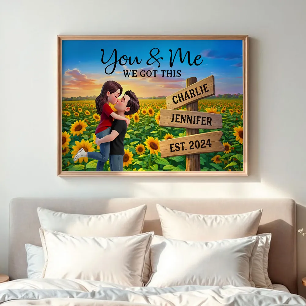 Romantic Personalized Poster for Couples, Hugging Kiss at Sunset Sunflower Field, Sweet Wall Art Gift for Her or Him - Image 2