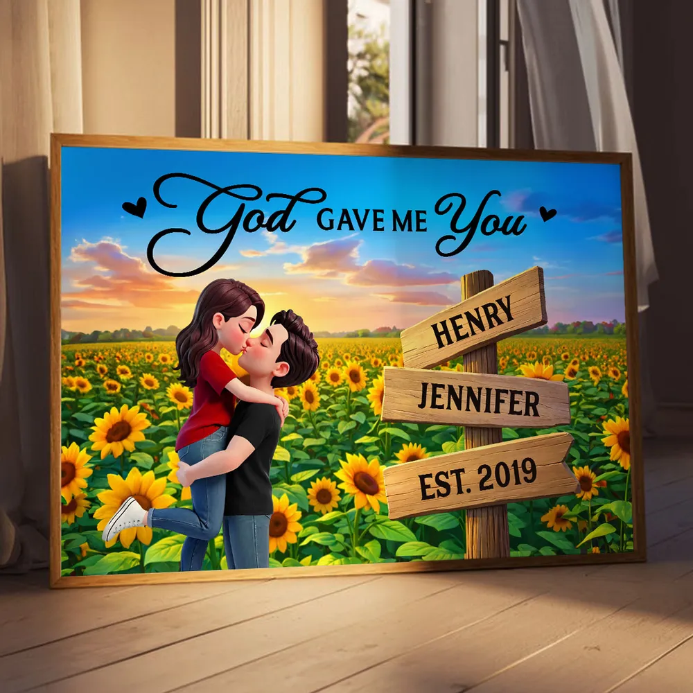 Romantic Personalized Poster for Couples, Hugging Kiss at Sunset Sunflower Field, Sweet Wall Art Gift for Her or Him - Image 3