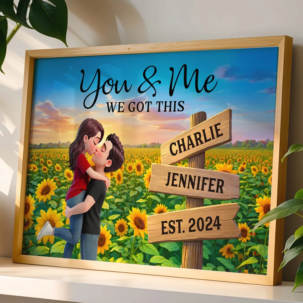 Romantic Personalized Poster for Couples, Hugging Kiss at Sunset Sunflower Field, Sweet Wall Art Gift for Her or Him - Image 5