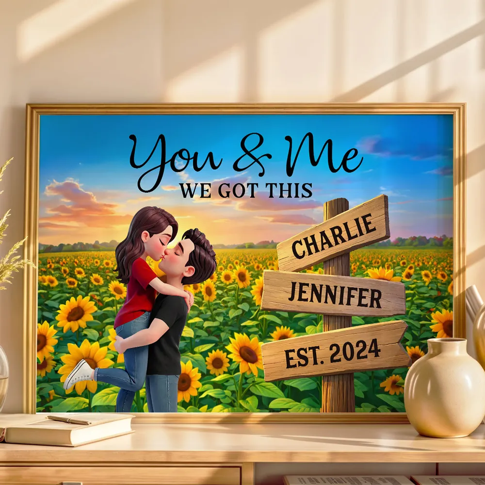 Romantic Personalized Poster for Couples, Hugging Kiss at Sunset Sunflower Field, Sweet Wall Art Gift for Her or Him - Image 8