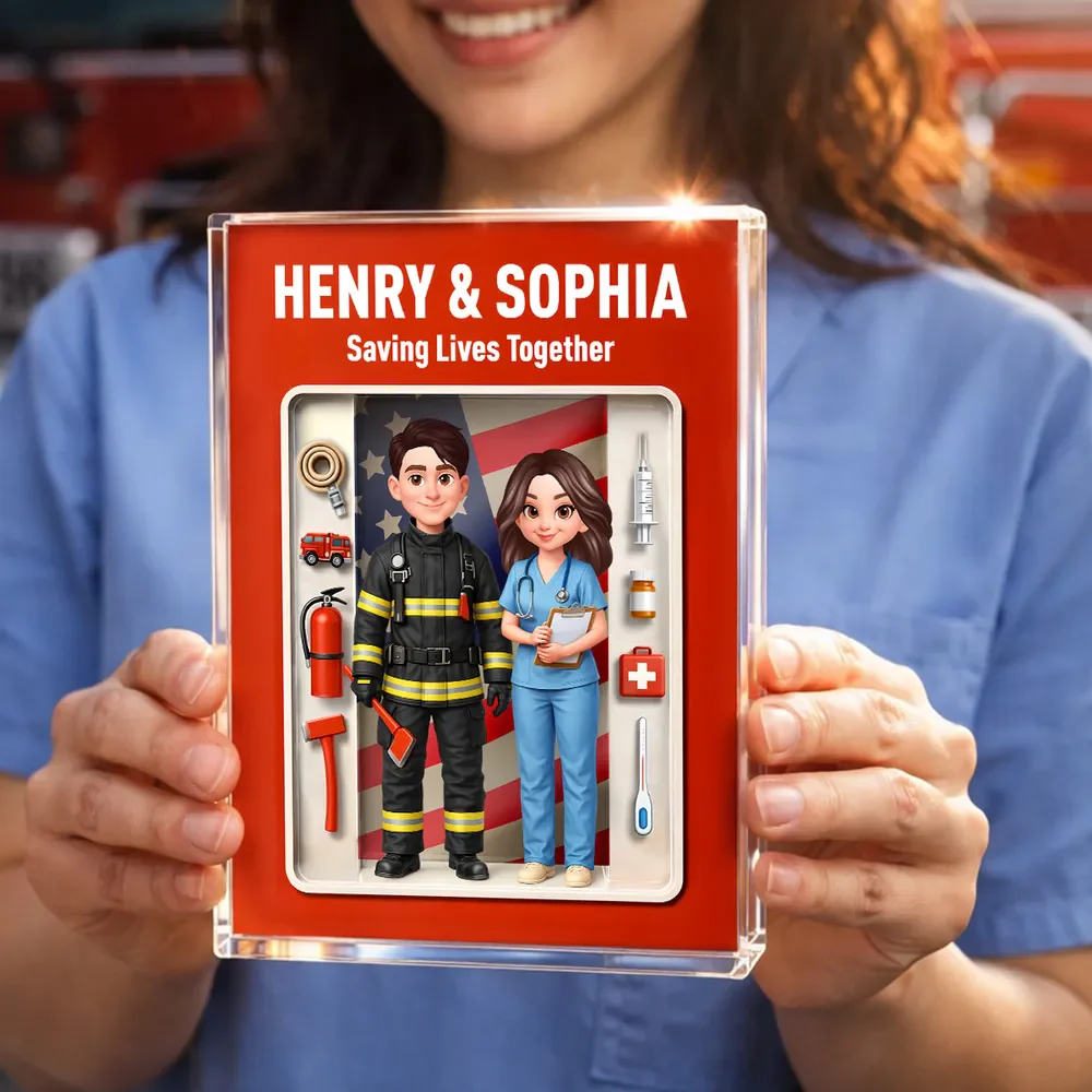 Personalized Rectangle Acrylic Block Plaque for a Firefighter & Nurse Couple - Unique Desk Decor Gift - Image 2