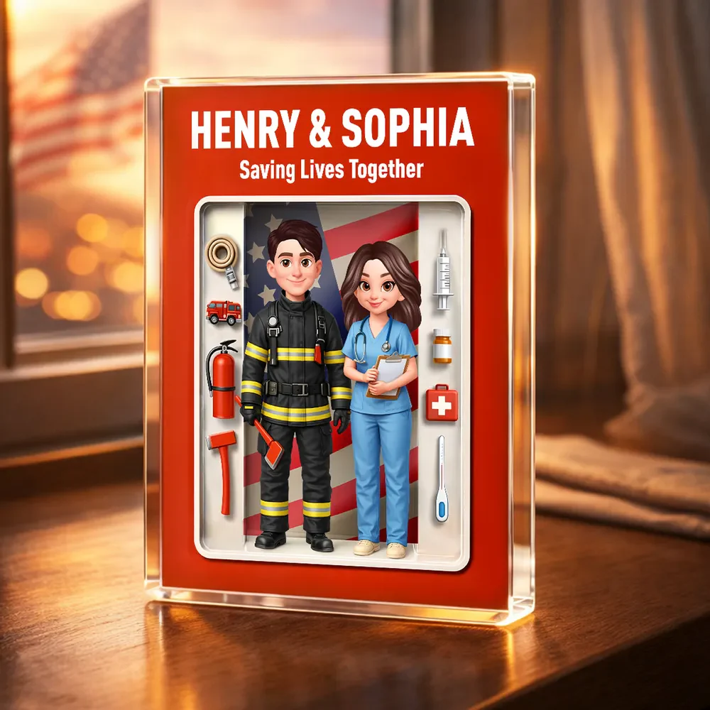 Personalized Rectangle Acrylic Block Plaque for a Firefighter & Nurse Couple - Unique Desk Decor Gift - Image 3