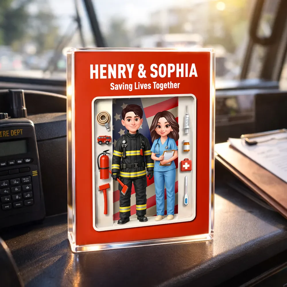Personalized Rectangle Acrylic Block Plaque for a Firefighter & Nurse Couple - Unique Desk Decor Gift - Image 7