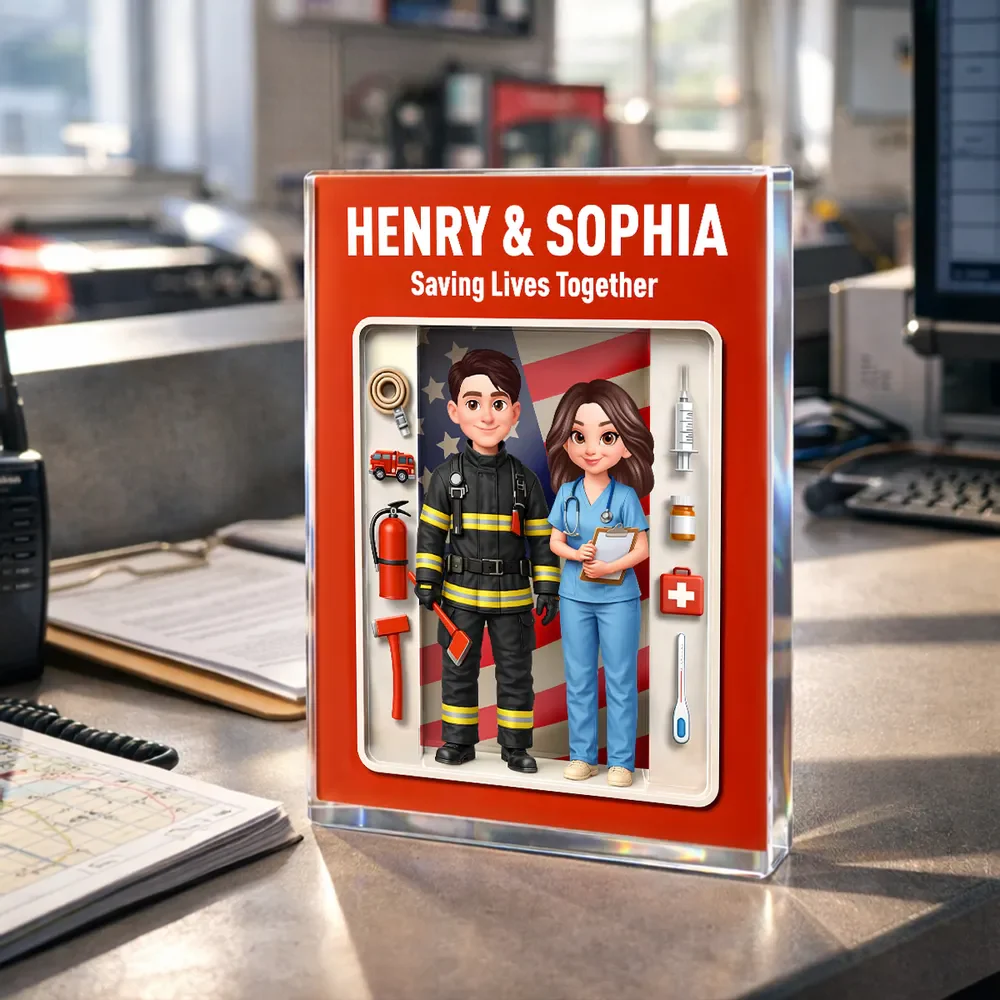 Personalized Rectangle Acrylic Block Plaque for a Firefighter & Nurse Couple - Unique Desk Decor Gift - Image 9