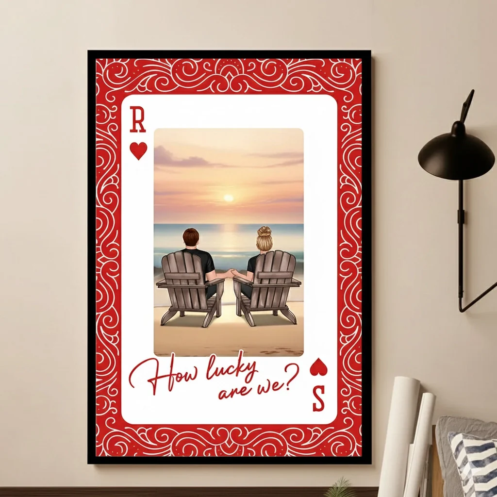 How Lucky Are We Poster, Personalized Couple Beach Sunset Wall Art, Romantic Gift For Couples And New Home Decor