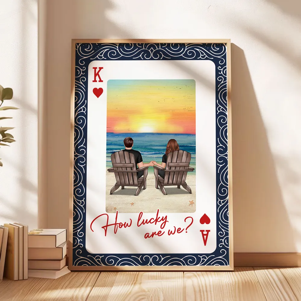 How Lucky Are We Poster, Personalized Couple Beach Sunset Wall Art, Romantic Gift For Couples And New Home Decor - Image 2