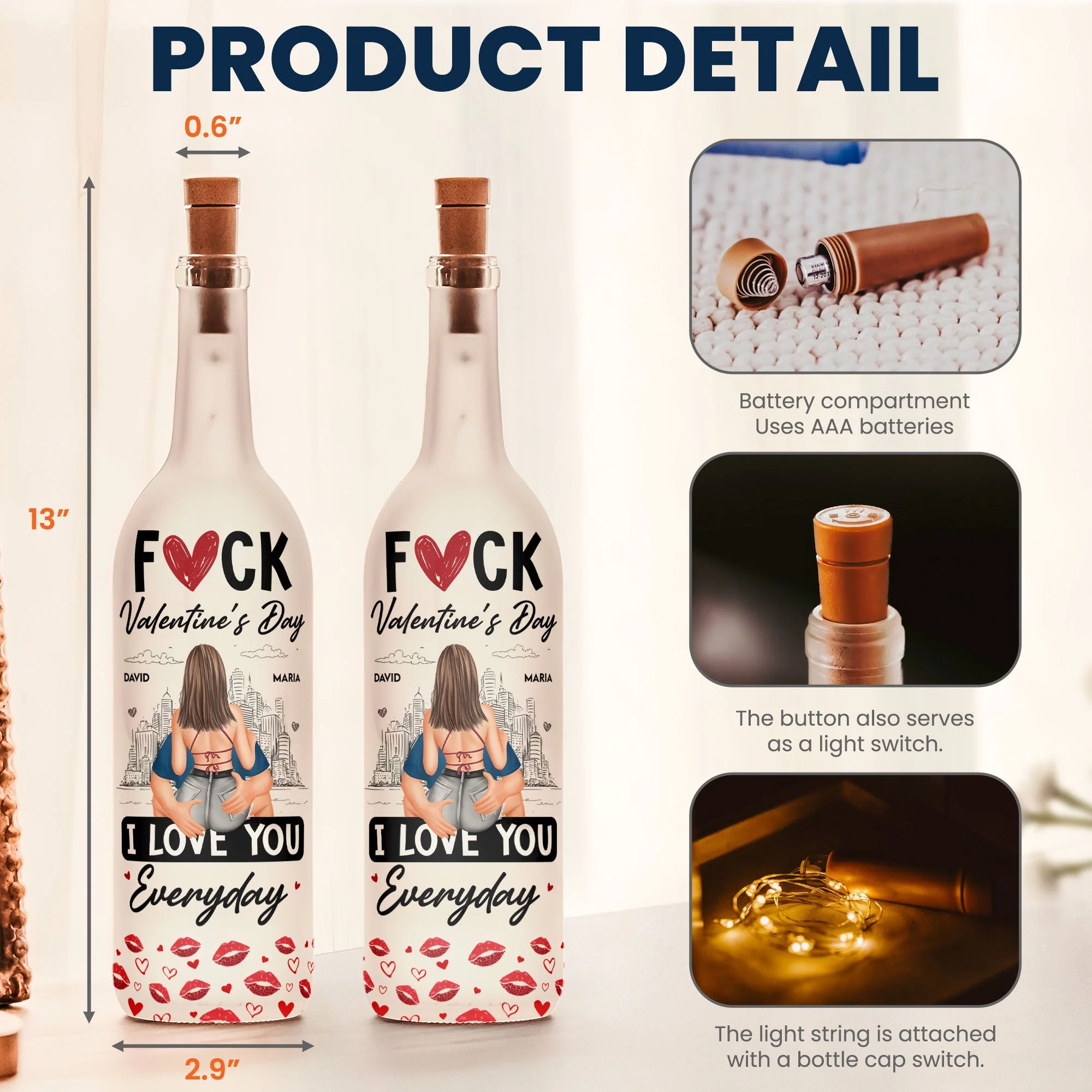 Personalized Bottle Lamp With I Love You Everyday Quote, Warm Glow Bedroom Decor, Unique Gift For Couple - Image 4