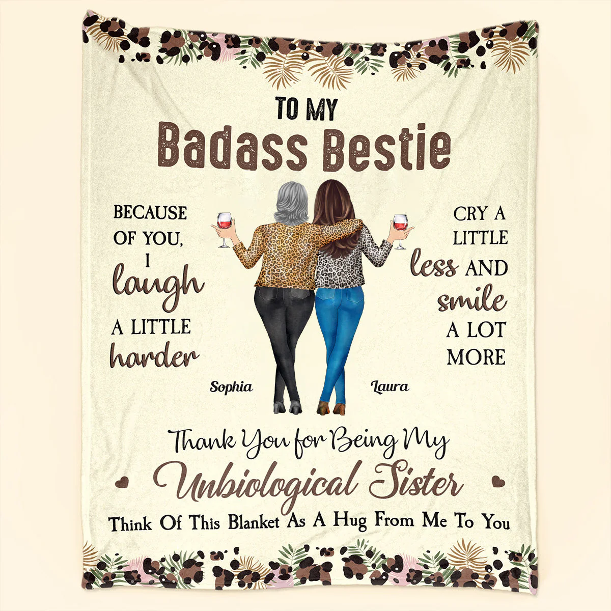 To My Badass Bestie Fleece Blanket, Personalized Friendship Hug Throw, Cute Leopard Floral Design, Creative Gift - Image 3