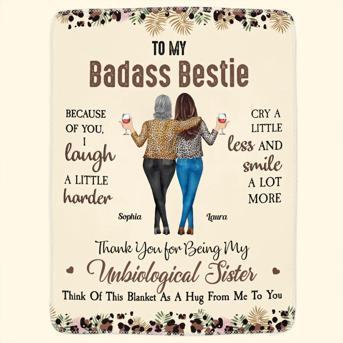 To My Badass Bestie Fleece Blanket, Personalized Friendship Hug Throw, Cute Leopard Floral Design, Creative Gift - Image 5