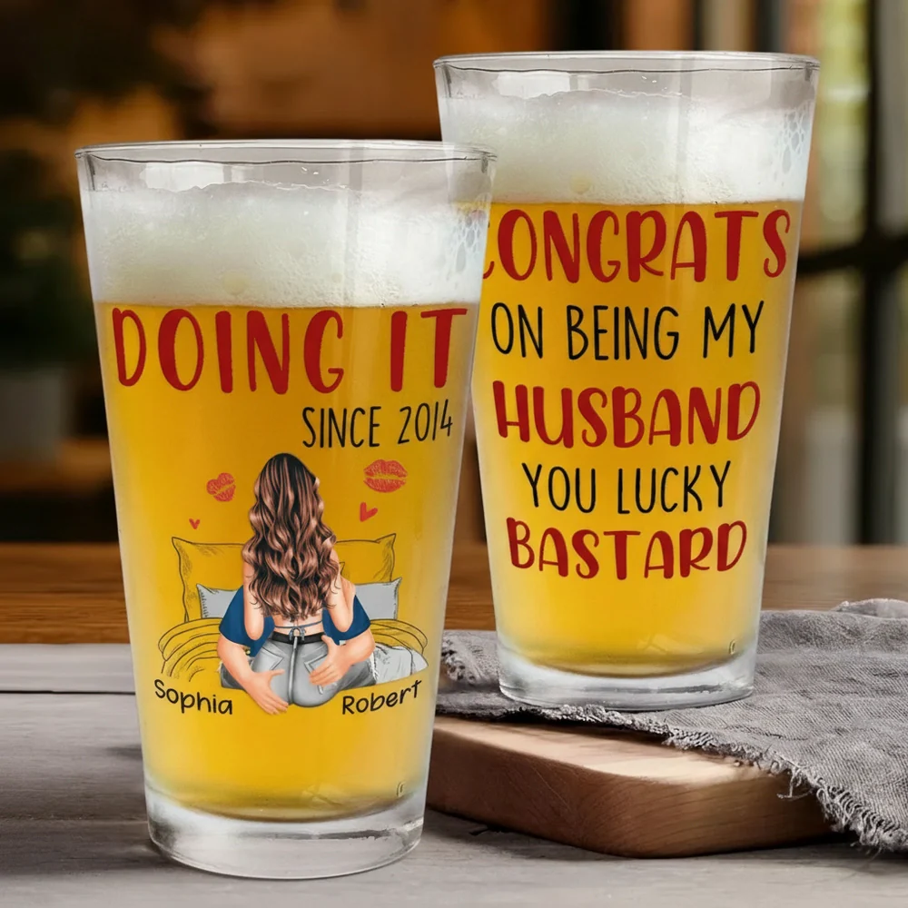 Congrats On Being My Husband Personalized Beer Glass, Cheeky Love Quote Gift For Him With Heart And Kiss Marks