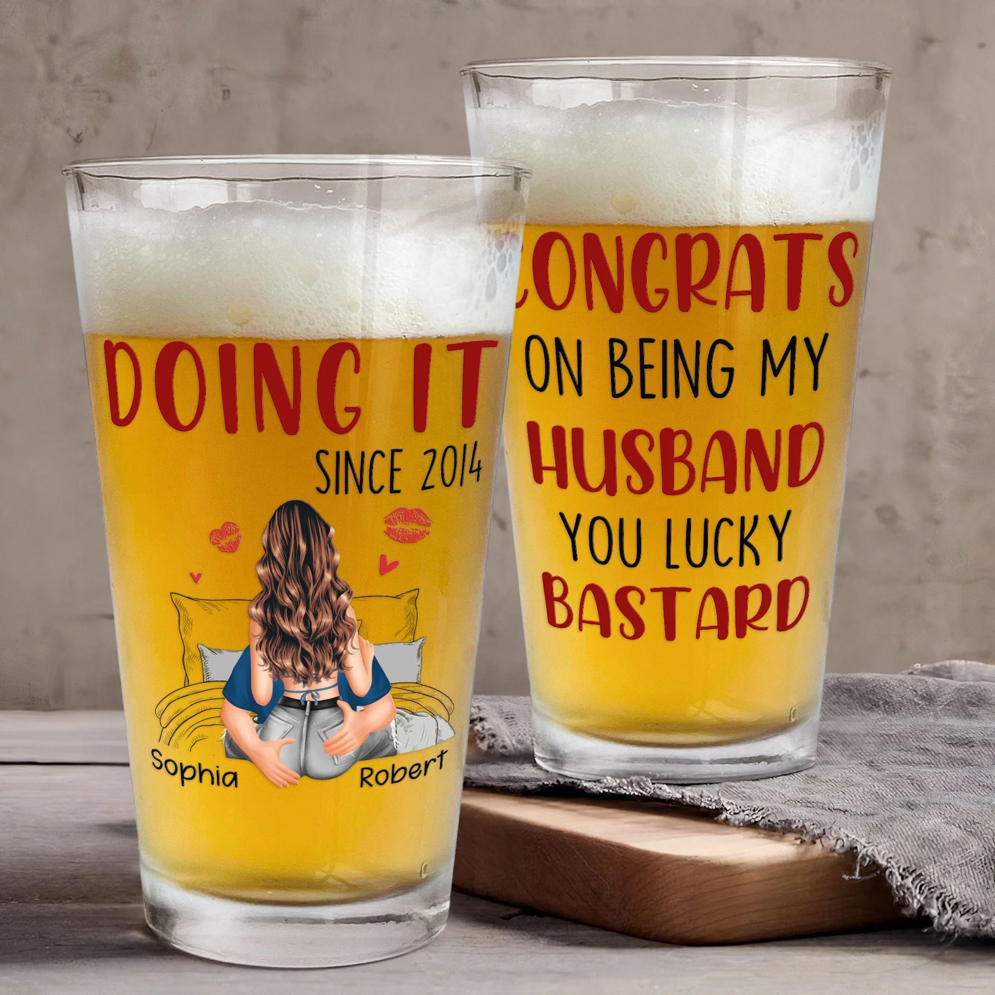 Congrats On Being My Husband Personalized Beer Glass, Cheeky Love Quote Gift For Him With Heart And Kiss Marks - Image 2