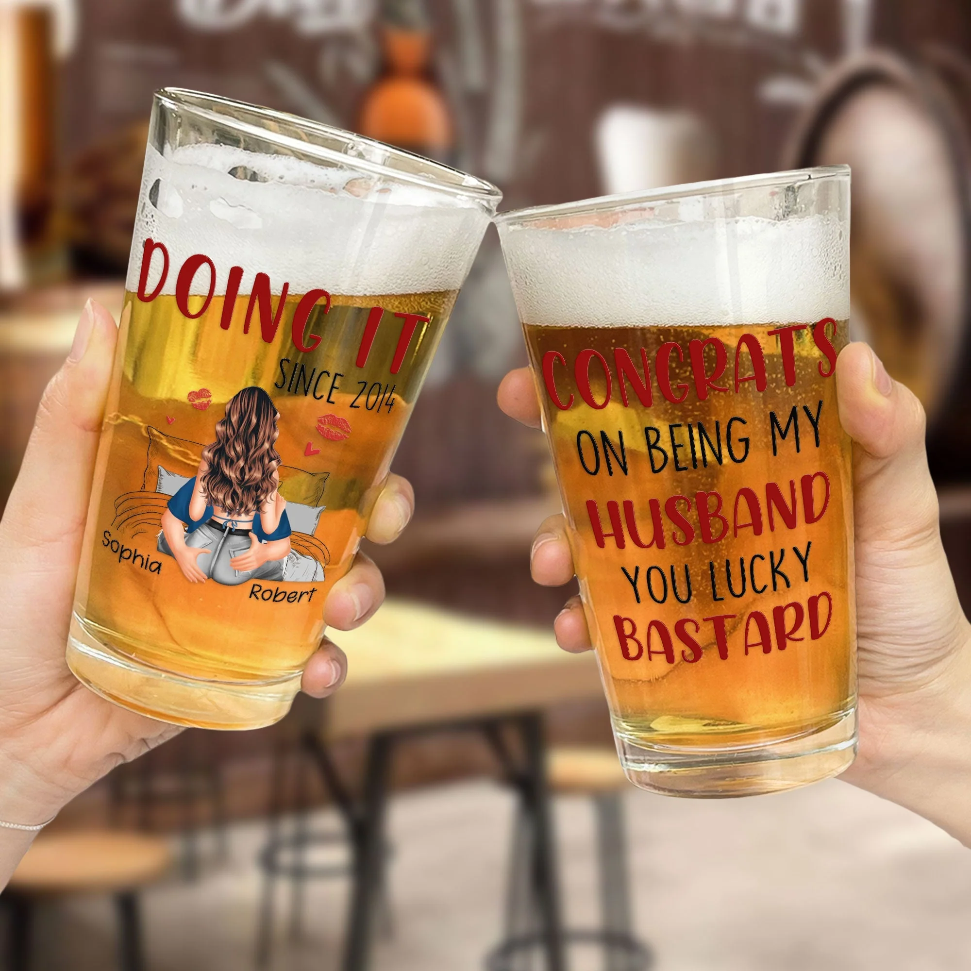 Congrats On Being My Husband Personalized Beer Glass, Cheeky Love Quote Gift For Him With Heart And Kiss Marks - Image 3