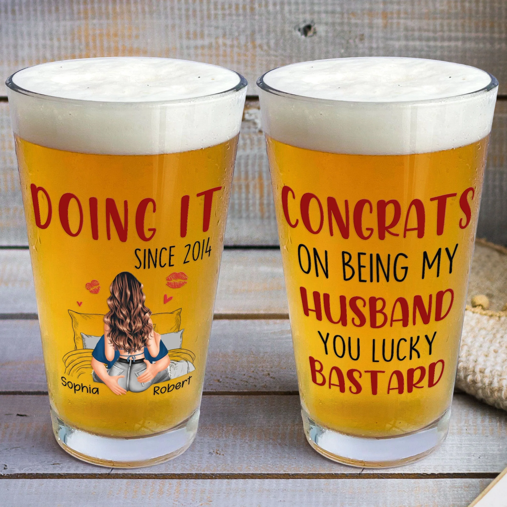 Congrats On Being My Husband Personalized Beer Glass, Cheeky Love Quote Gift For Him With Heart And Kiss Marks - Image 5