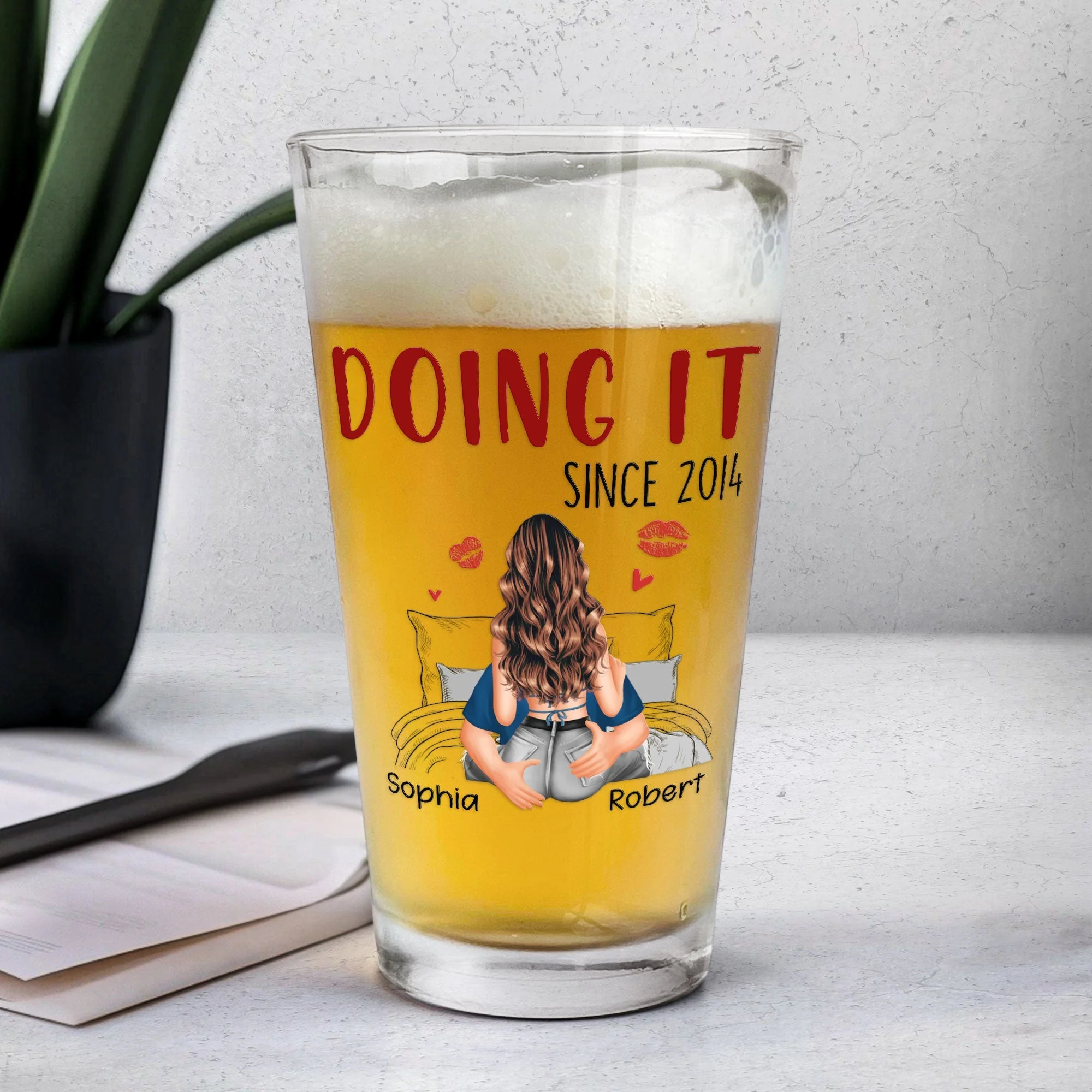 Congrats On Being My Husband Personalized Beer Glass, Cheeky Love Quote Gift For Him With Heart And Kiss Marks - Image 6