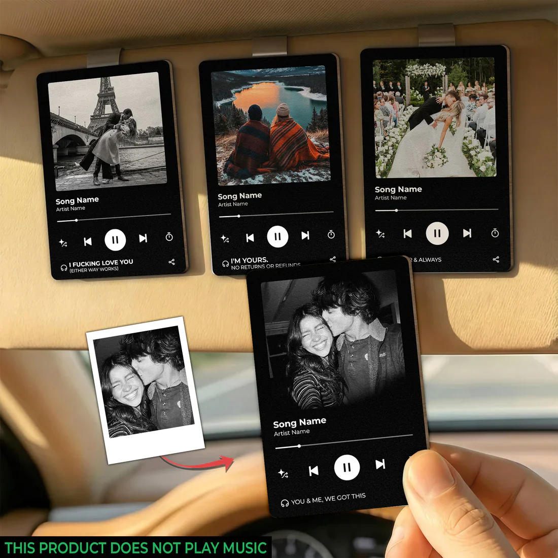 Personalized Wooden Car Visor Clip with Music Player Photo Design, Couple Travel Keepsake, Unique Gift for Him or Her - Image 3