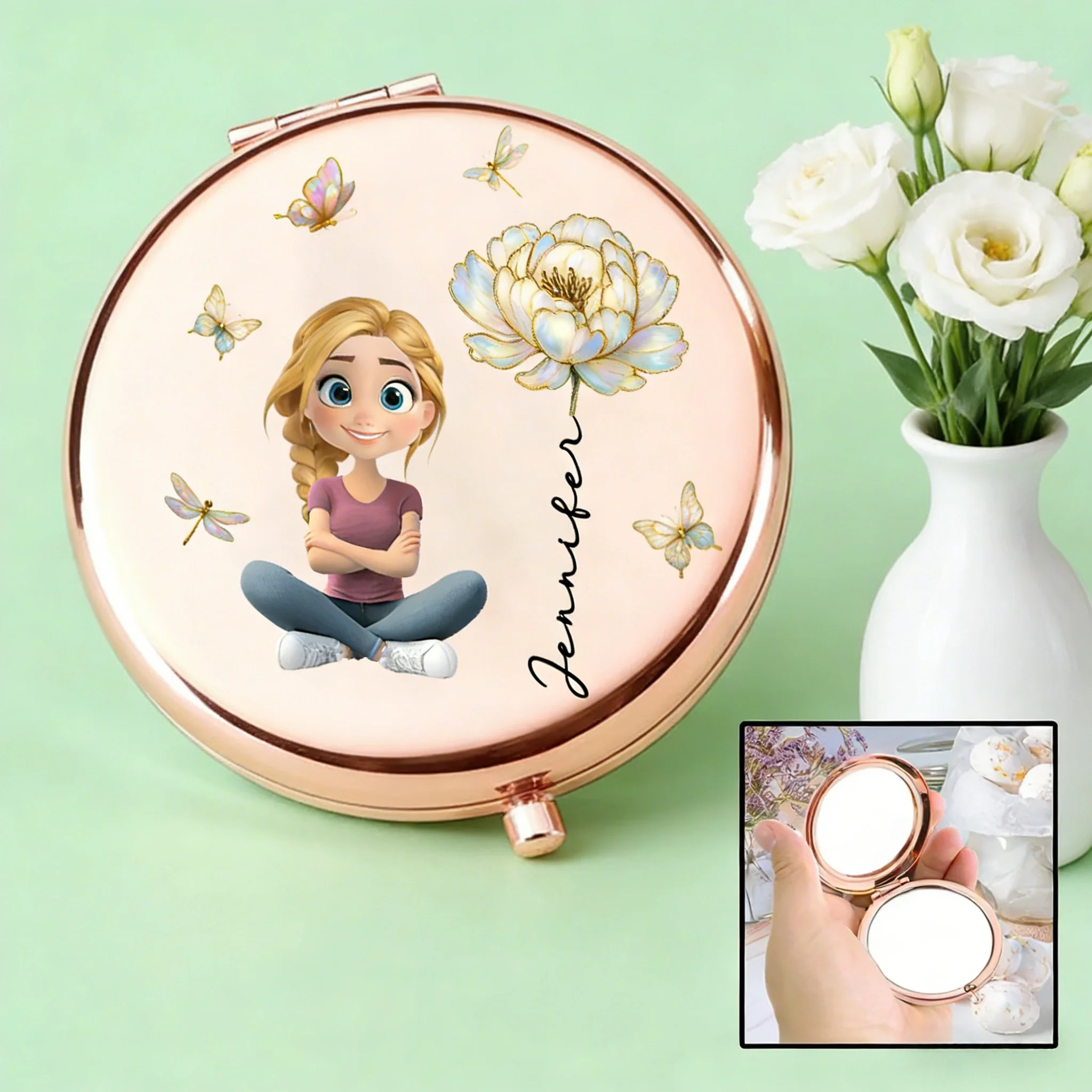 Personalized Metal Compact Mirror With Cute Cartoon Girl & Butterfly Florals - Unique Gift For Her, Purse-Ready Smile Booster